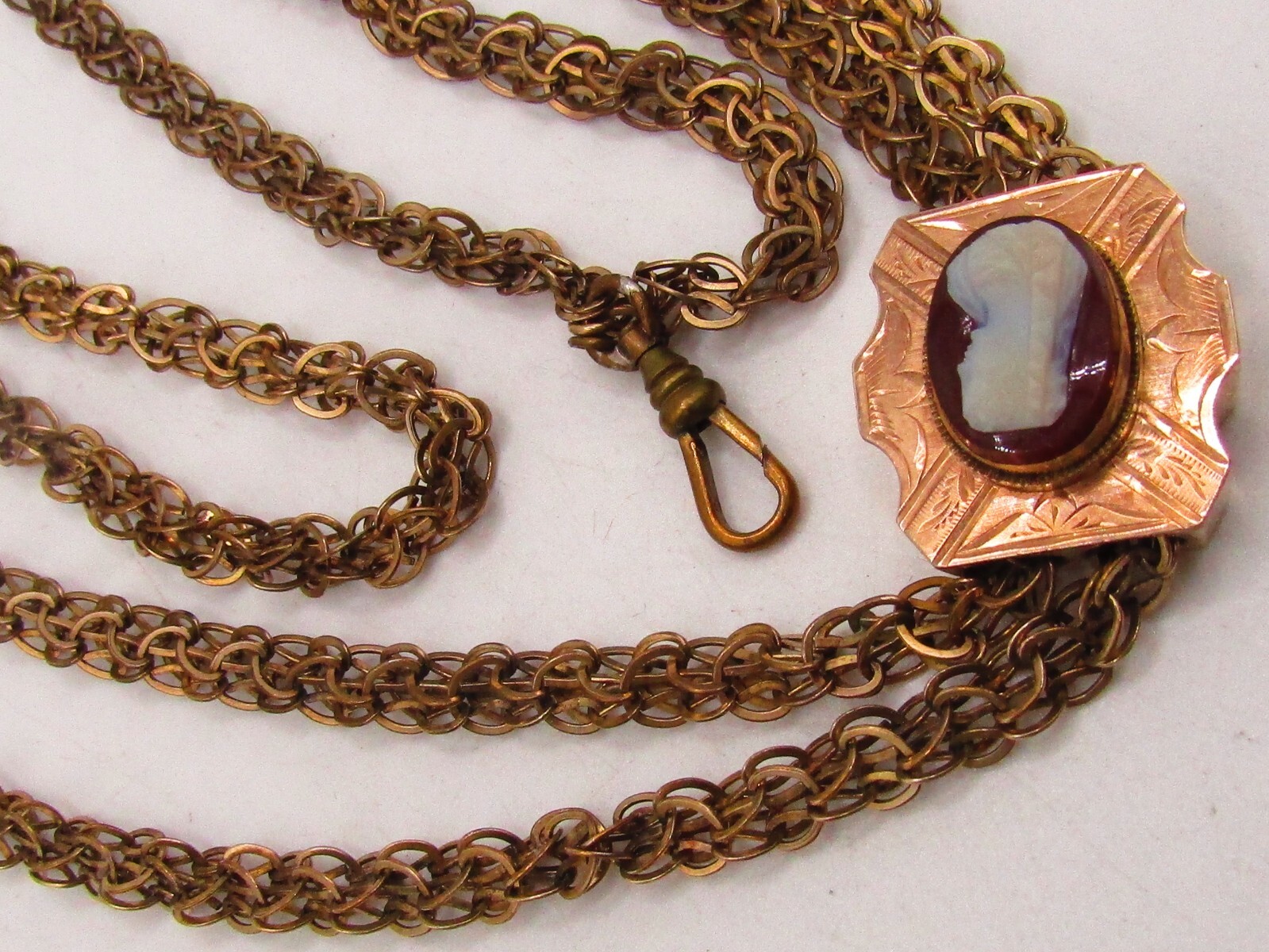 ANTIQUE VICTORIAN LADIES WATCH CHAIN WITH 1OK GOLD CAMEO SLIDE & G.F. CHAIN*