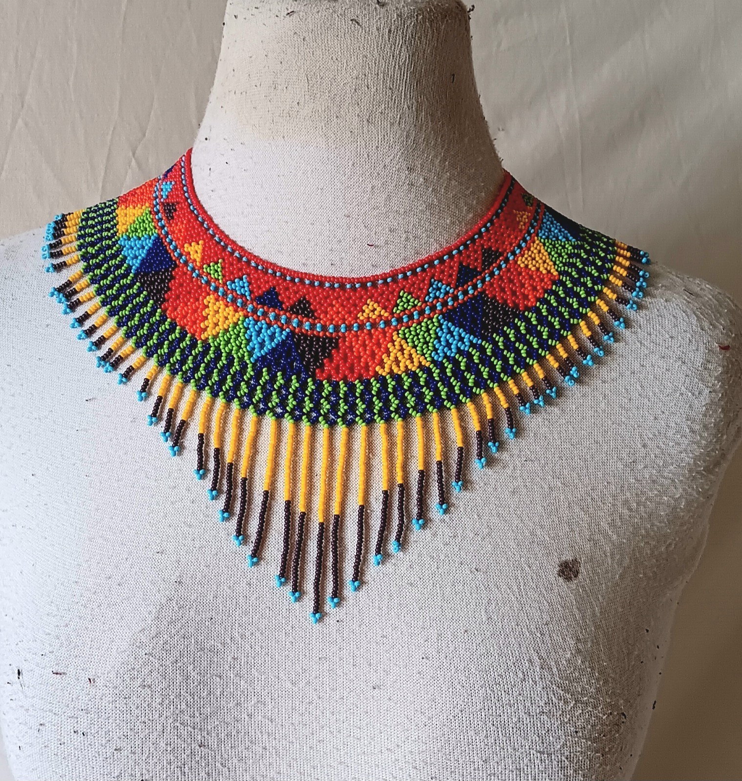 Multi-color Beaded Fringe Necklace Statement Collar Bib Jewelry Artisan Made