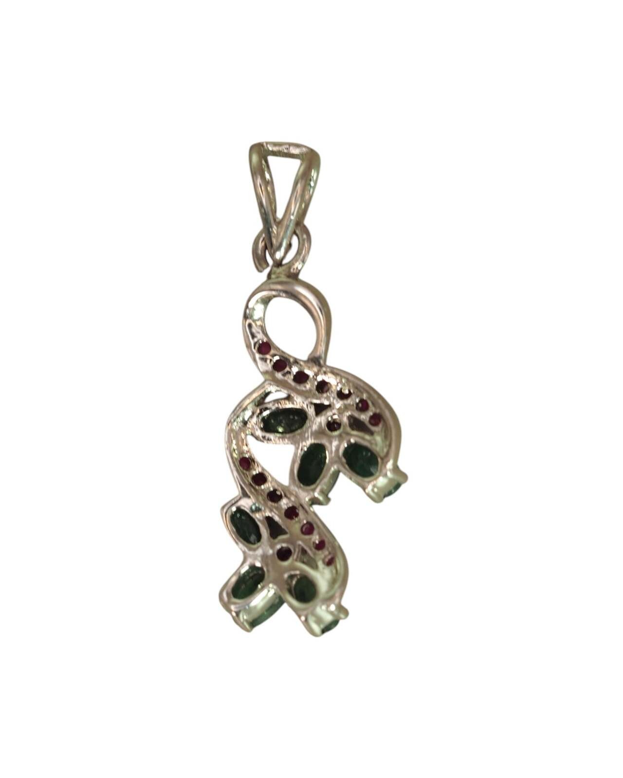 Sterling Silver Green & Red Gemstone Floral Vine Pendant