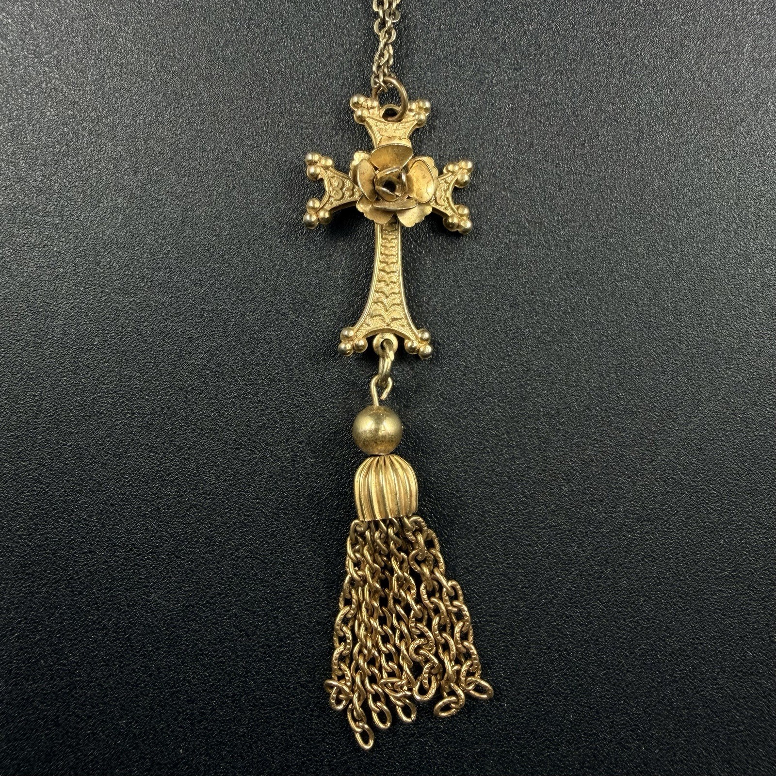 Vintage Tassel Cross Rose Ornate Necklace Pendant Gold Tone 16”