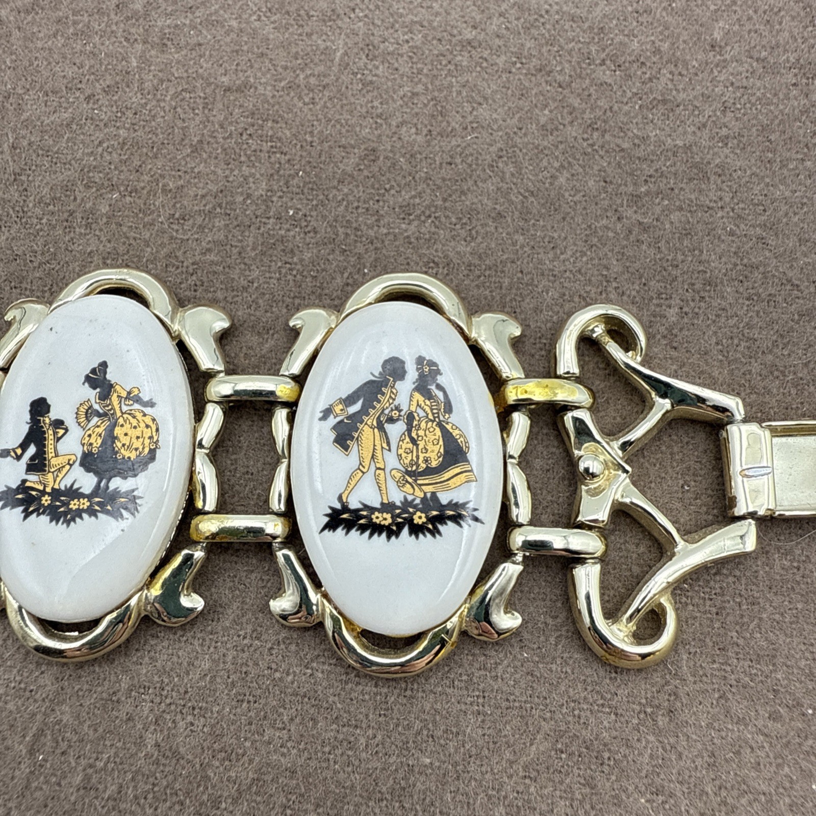 Vintage Countess Porcelain Courting Couple Bracelet Black Gold on White