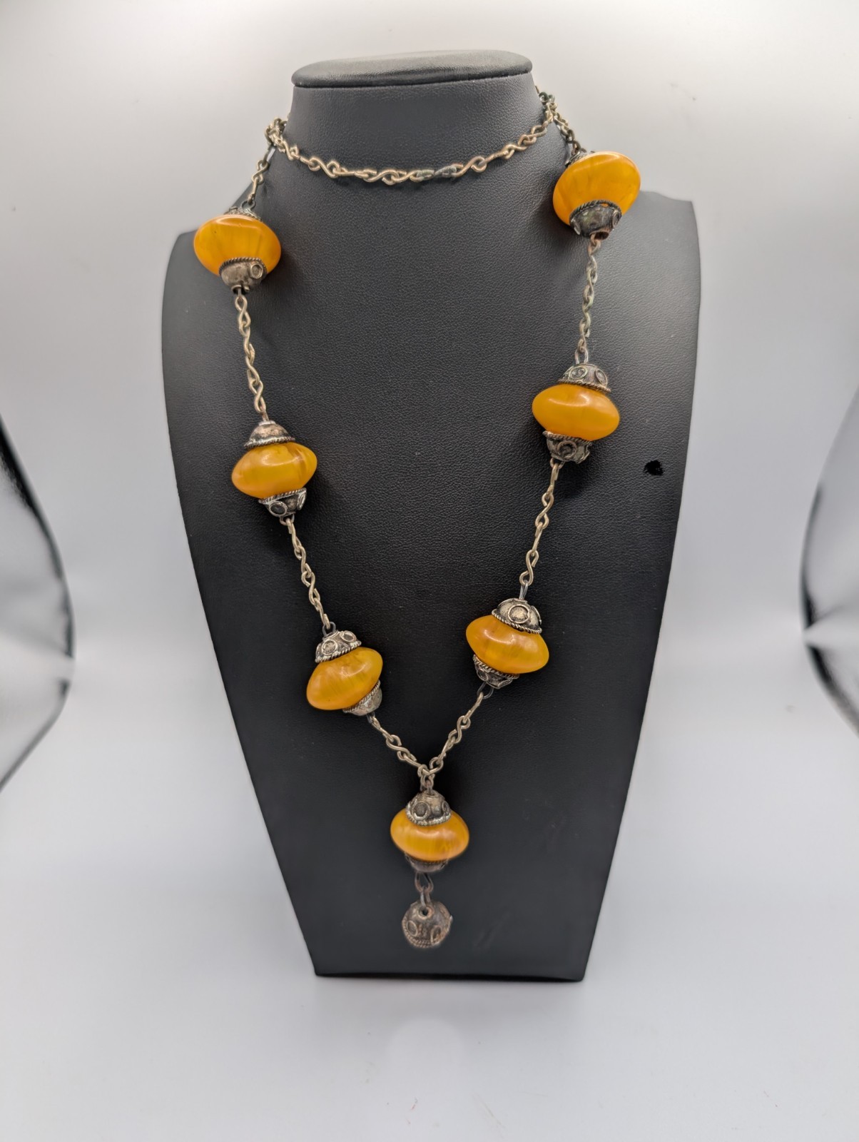 Vintage Silver Tone Egg Yolk Amber Resin Y Necklace Prayer Worry Beads Cage 29″