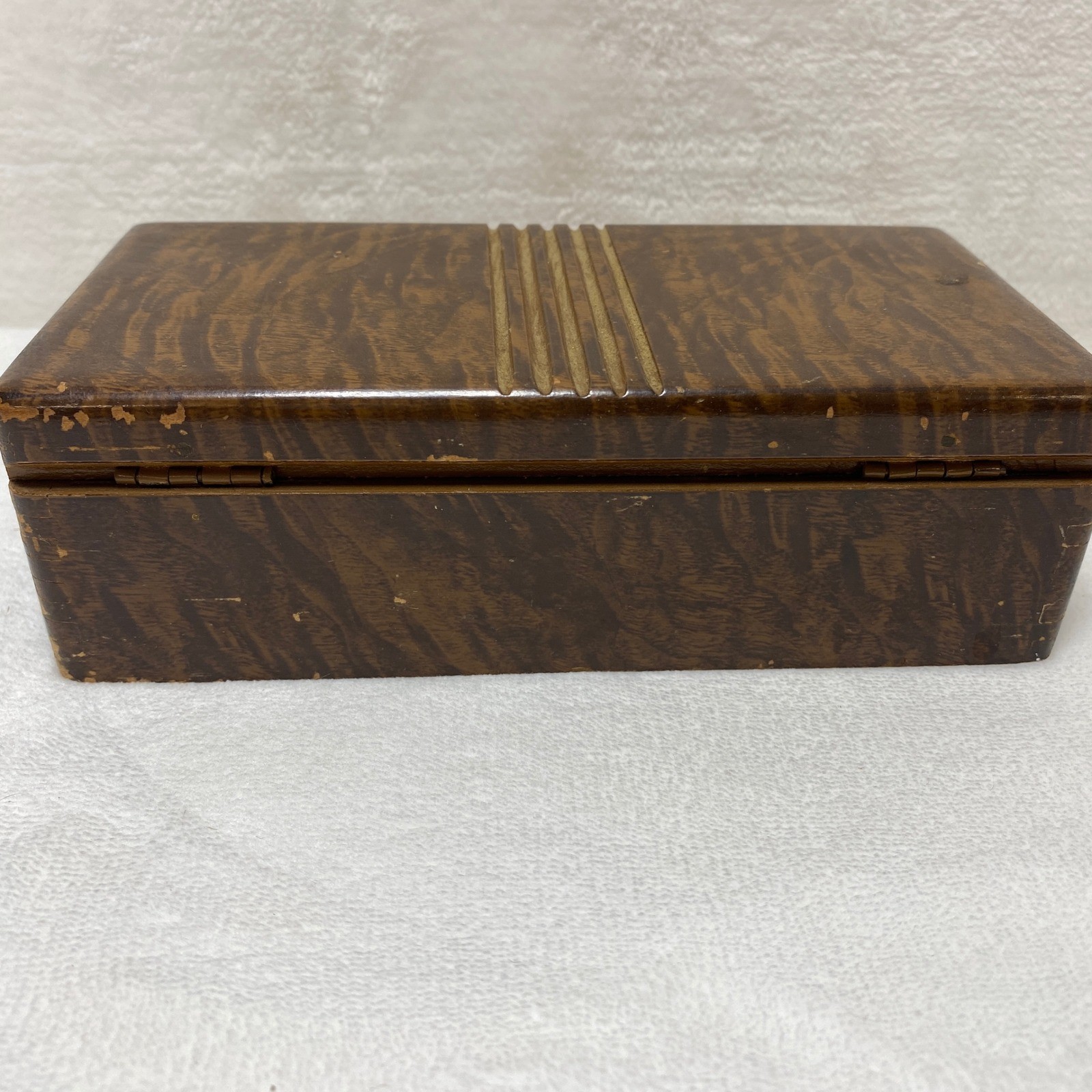 Vintage Bakelite Red Handle Wood Grain Jewelry Trinket Box Art Deco Storage