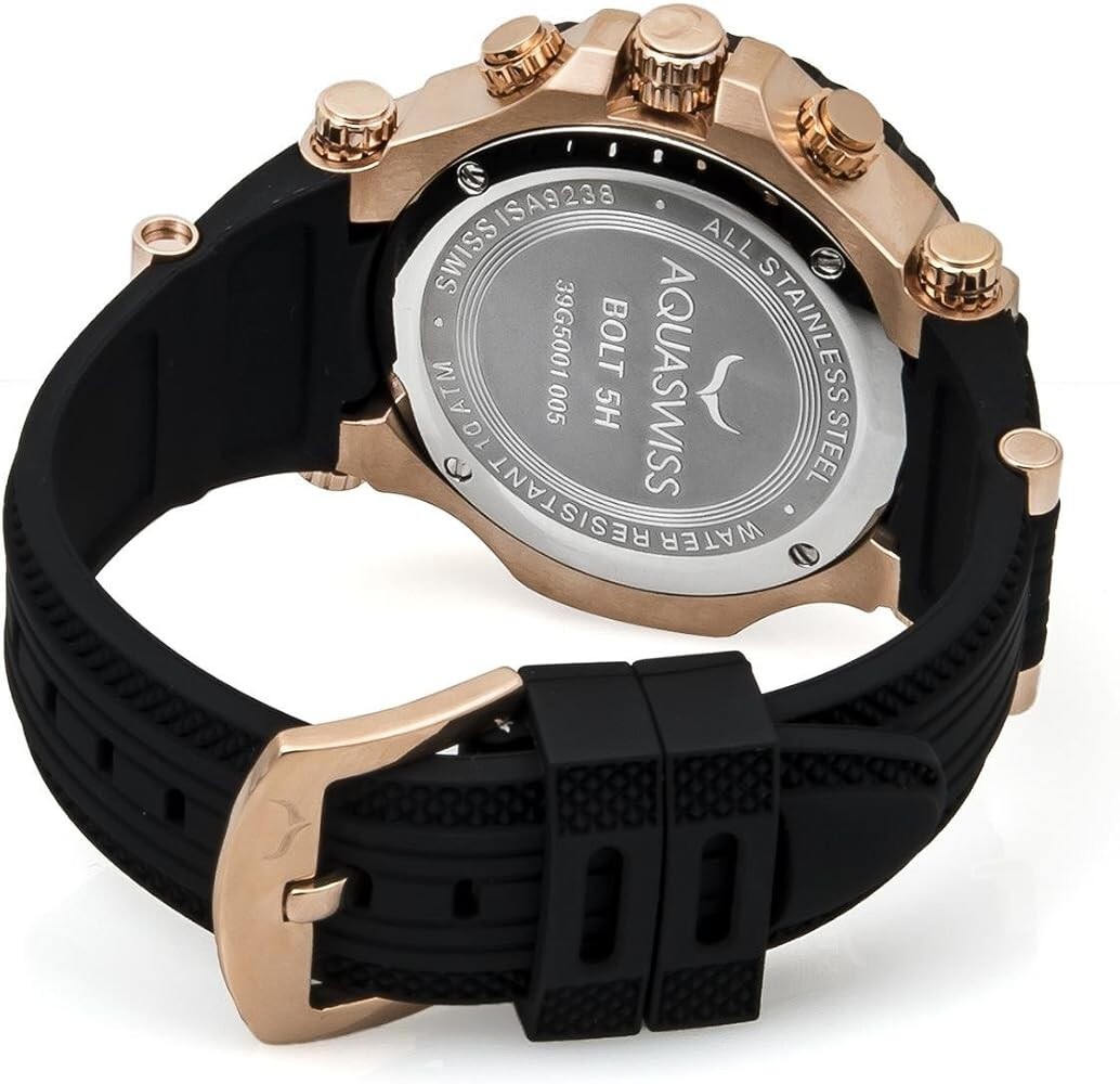 Aquaswiss 39G5005 Bolt Multifunction Swiss Men’s Watch Pink Gold Black Strap