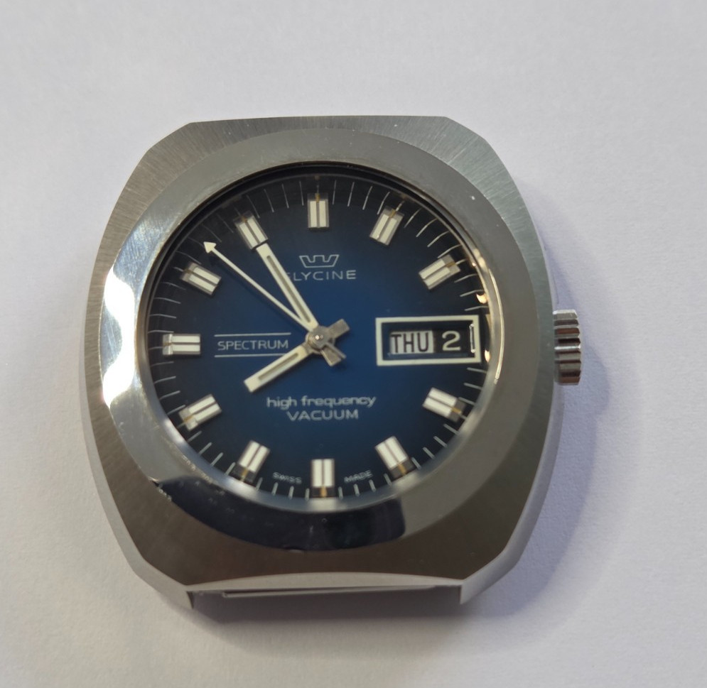 Glycine High Frecuency Automatic Watch Vintage Men Spectrum Vacuum Blue Dial NOS