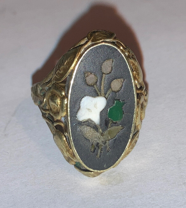 Antique Victorian 14k Gold Pietra Dura Flower Ring Size 6