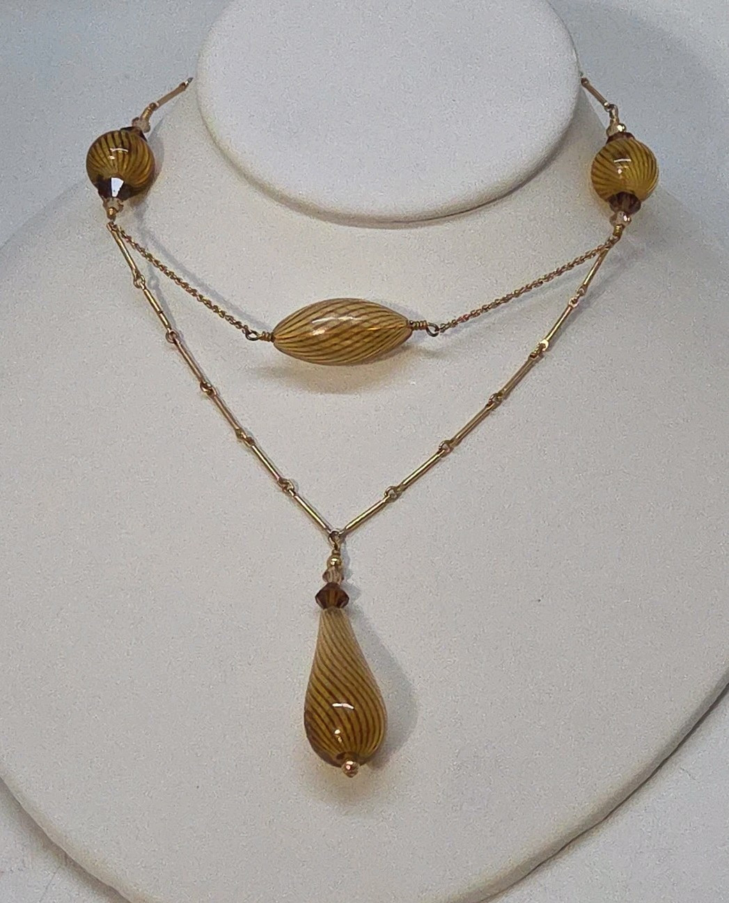 Blown Glass Striped Golden Brown Brown Crystal Beads Gold Tone Chain Necklace EC