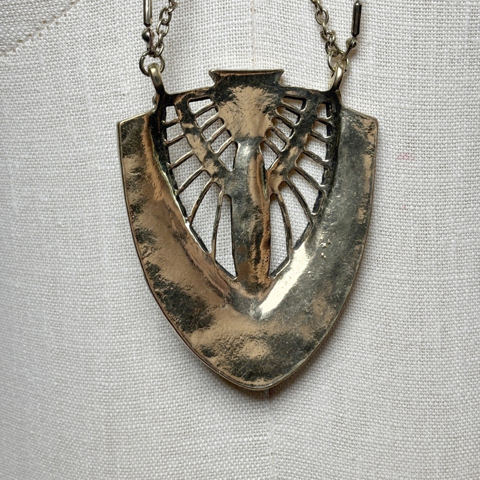 Art Deco Statement Long Necklace 32in Gold Abalone Shield Pendant Geometric