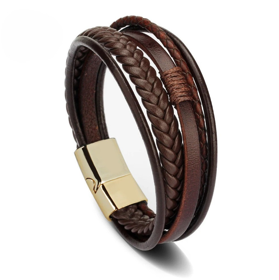 Men’s Multilayer Braided Leather Bracelet with Stainless Steel Clasp 21cm