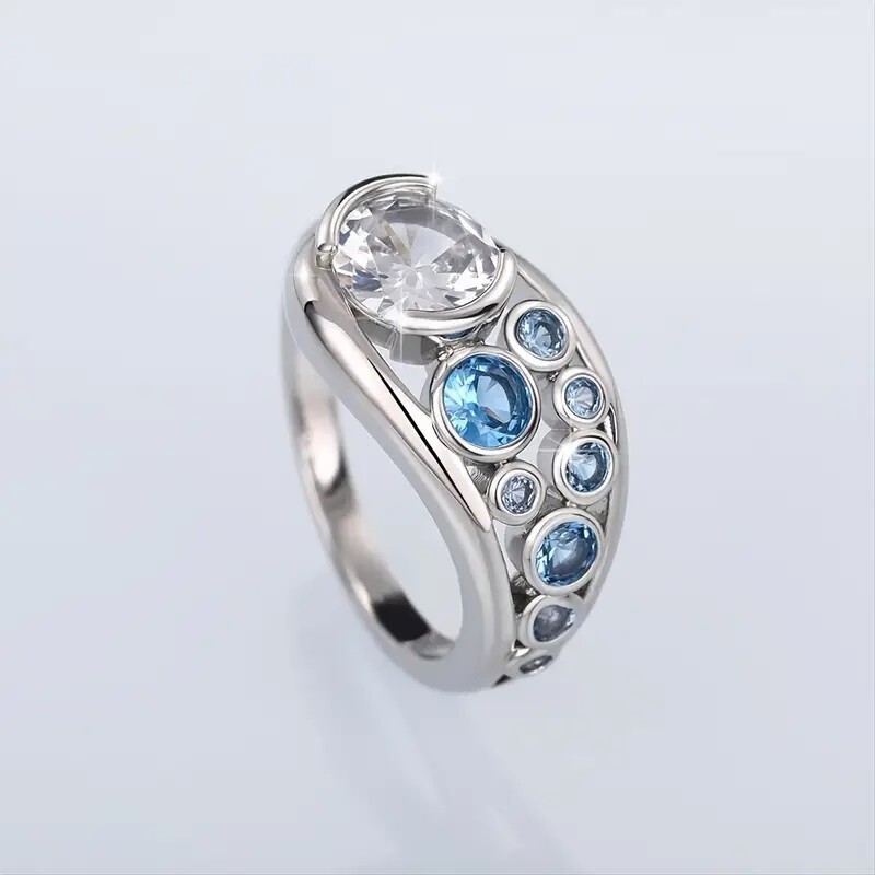 Elegant 925 Sterling Silver Blue White Topaz Wedding Engagement Ring Size 7
