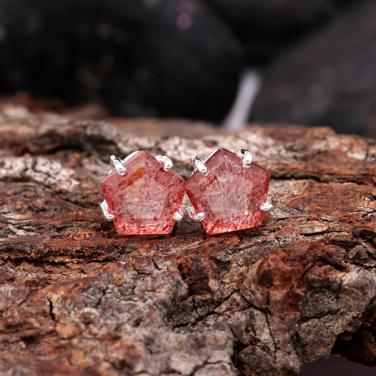 Natural Red Strawberry Pentagon Stud Earrings 925Sterling Silver Jewelry For Her