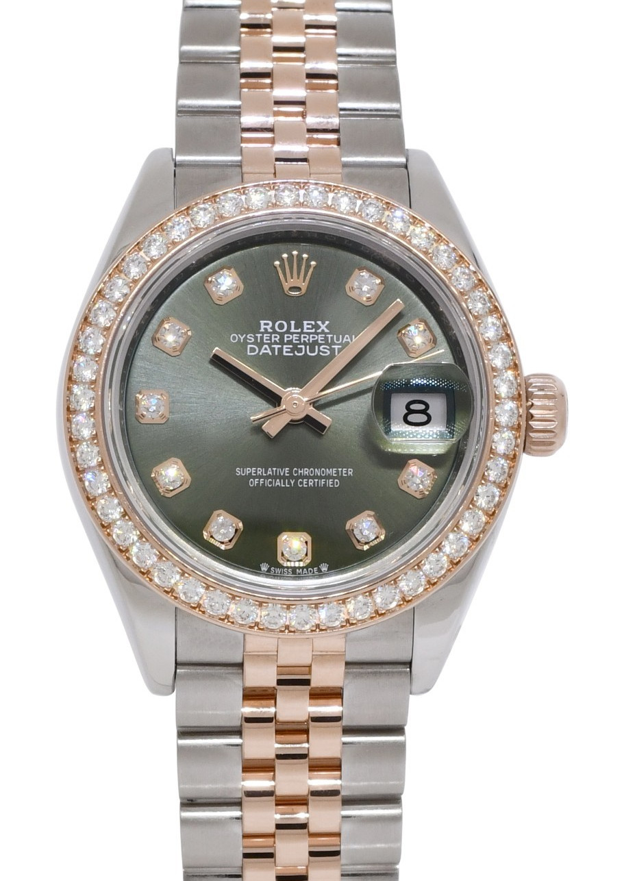 Rolex Datejust 28 Rose Gold/Steel Olive Green Diamond Watch +Card ’22 279381RBR