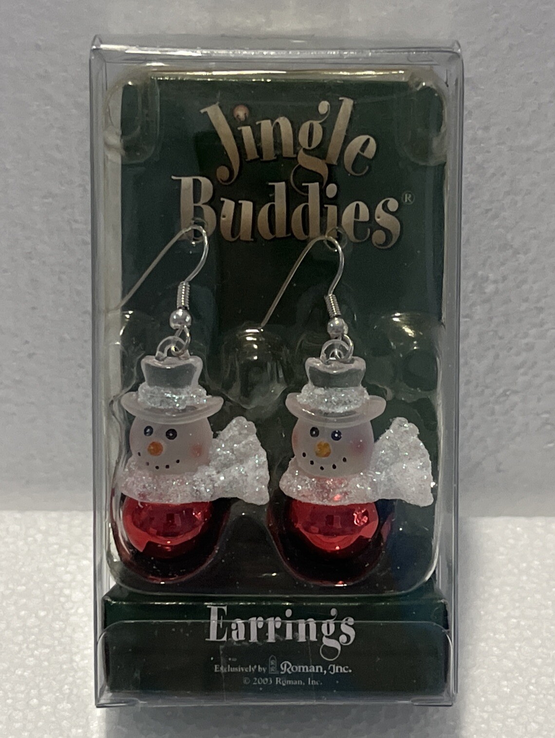 Jingle Buddies 2003 VTG Dangling Frosted Glitter Snowman Red Bell Earrings – New