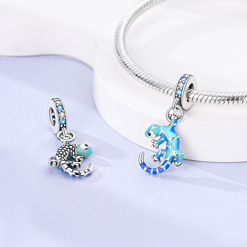 MULA European Silver Plated Charm AAA CZ Enamel Blue gecko For Women Bracelet