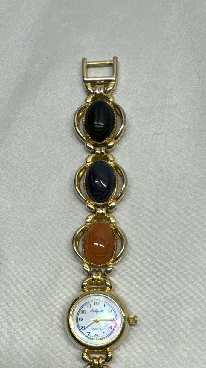 Vintage Lafayette MOP Semi-Precious Stone Egypt Scarab Beetle 22MM 7″