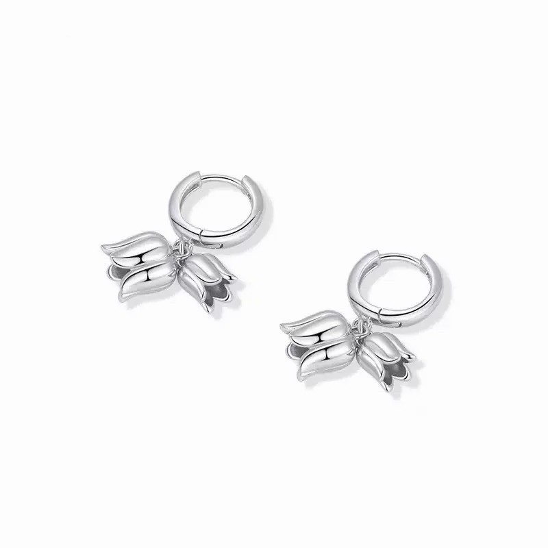 925 Silver Tulip Flower Dangle Huggie Hoop Earrings Floral Drop Earrings 173