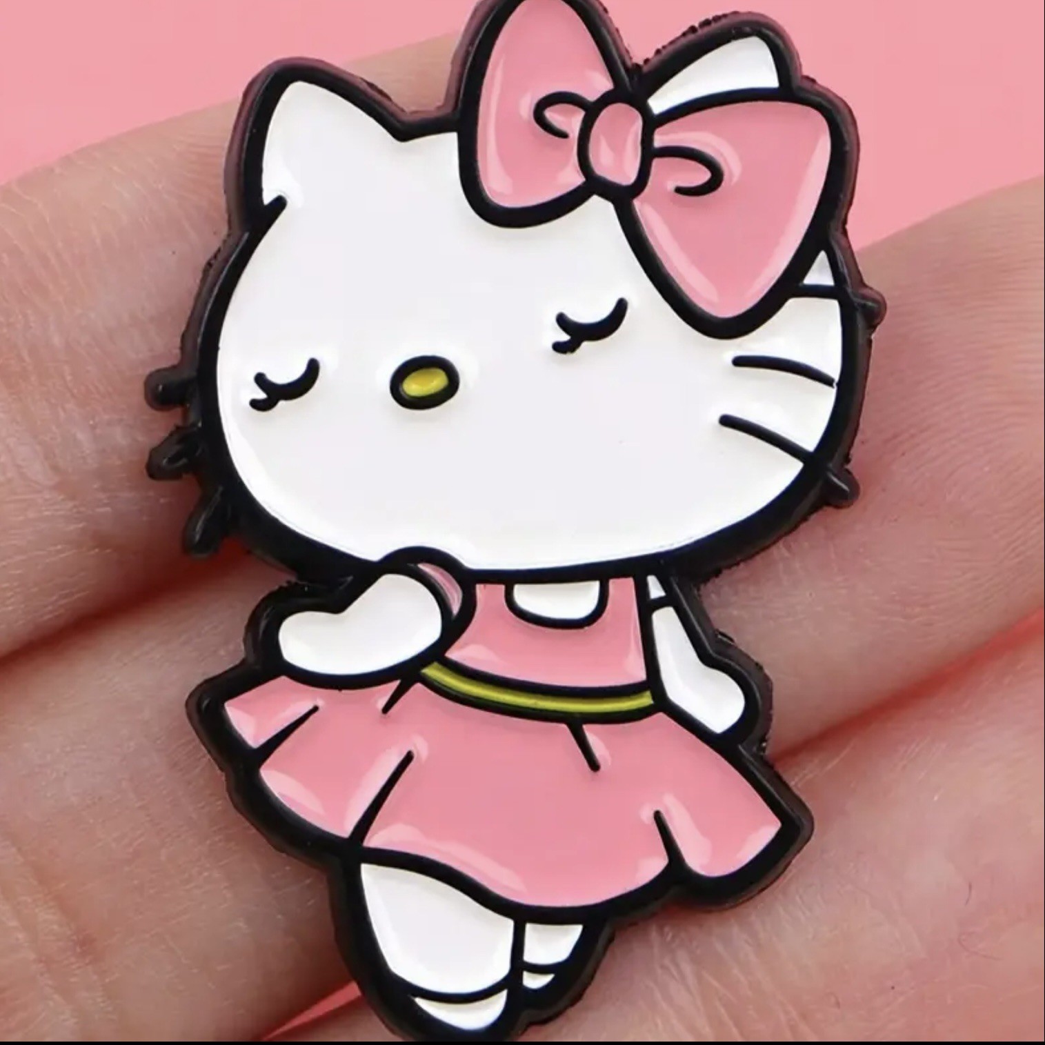 Hello Kitty Dancing in a Pink Dress & Bow, Enamel, Zinc, Alloy, Pin, Brooch.