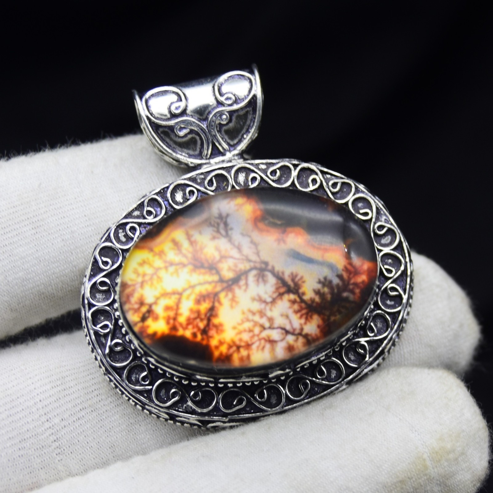 Fire Tree Dendritic Gemstone Pendant Handmade 925 Sterling Silver Jewelry 1.75″