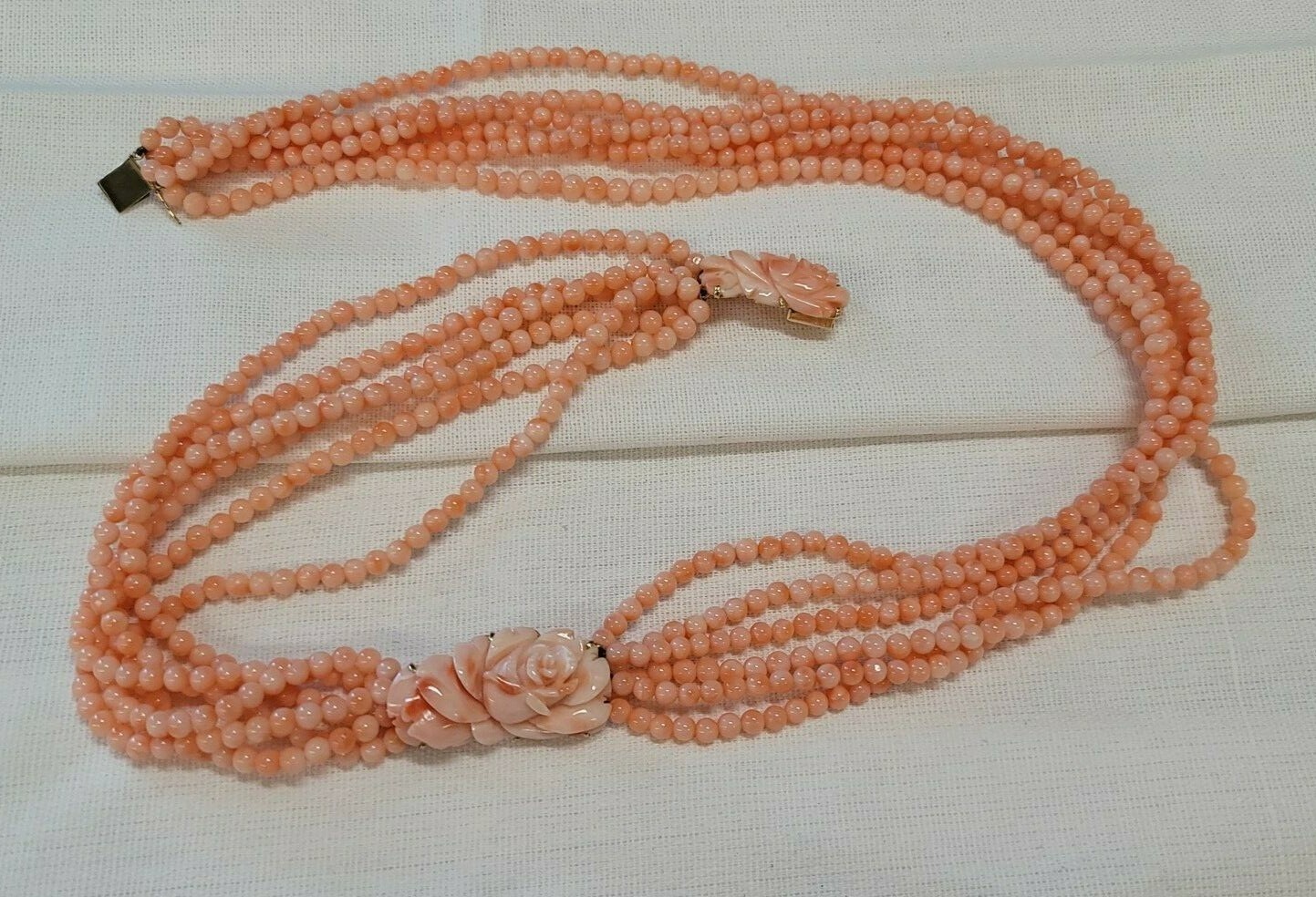 Pink Coral Round Floral Rose 6 Strand Beaded 14K Gold Necklace 114g Angel Skin