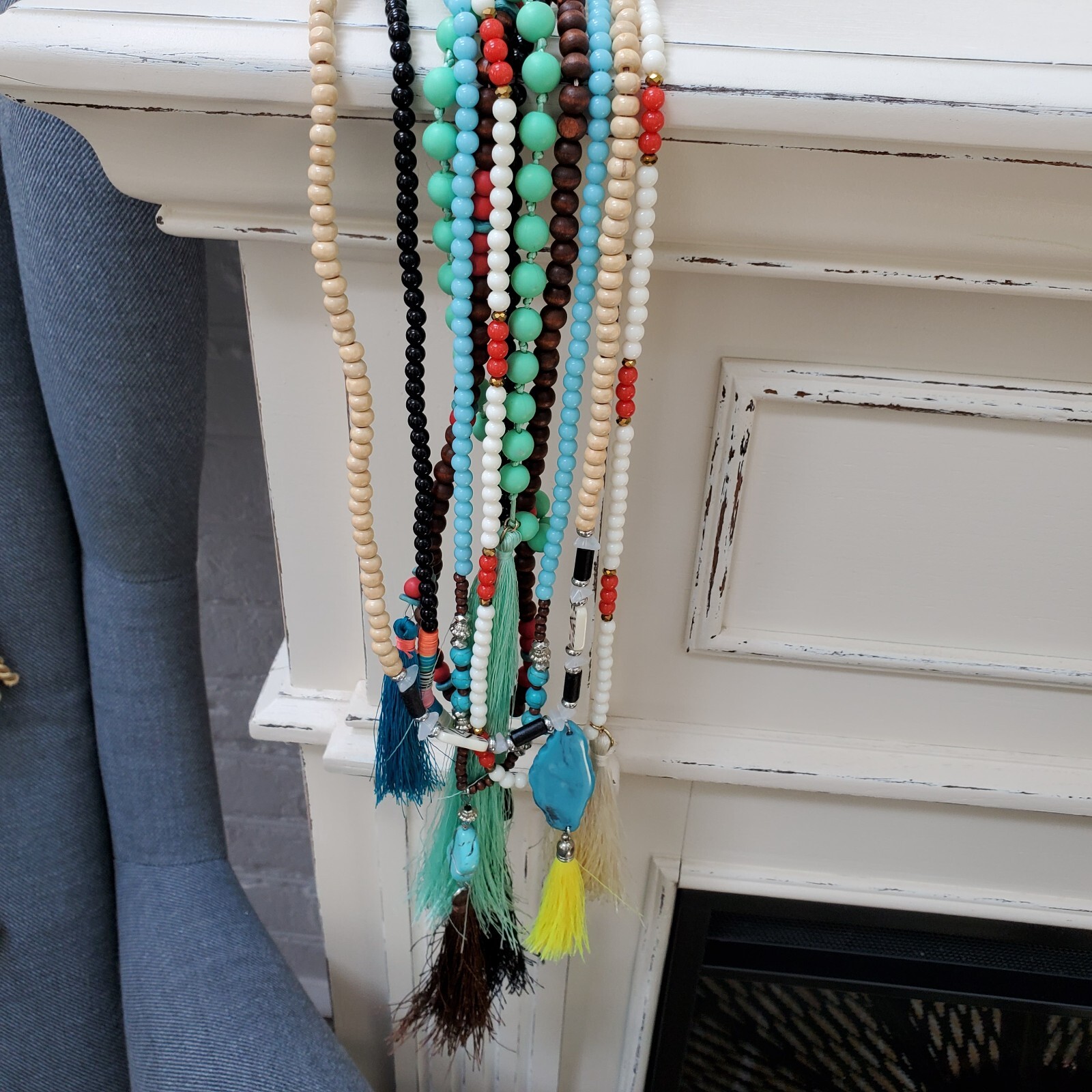 6 Beaded Tassel Necklaces – Wood & Faux Turquoise & Bone & Shell Multicolor Long