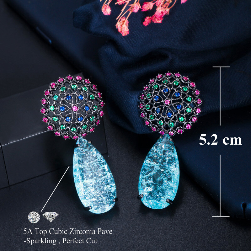 Ethnic Black Gold Plated Long Big Blue Water Drop Zircon Crystal Dangle Earrings