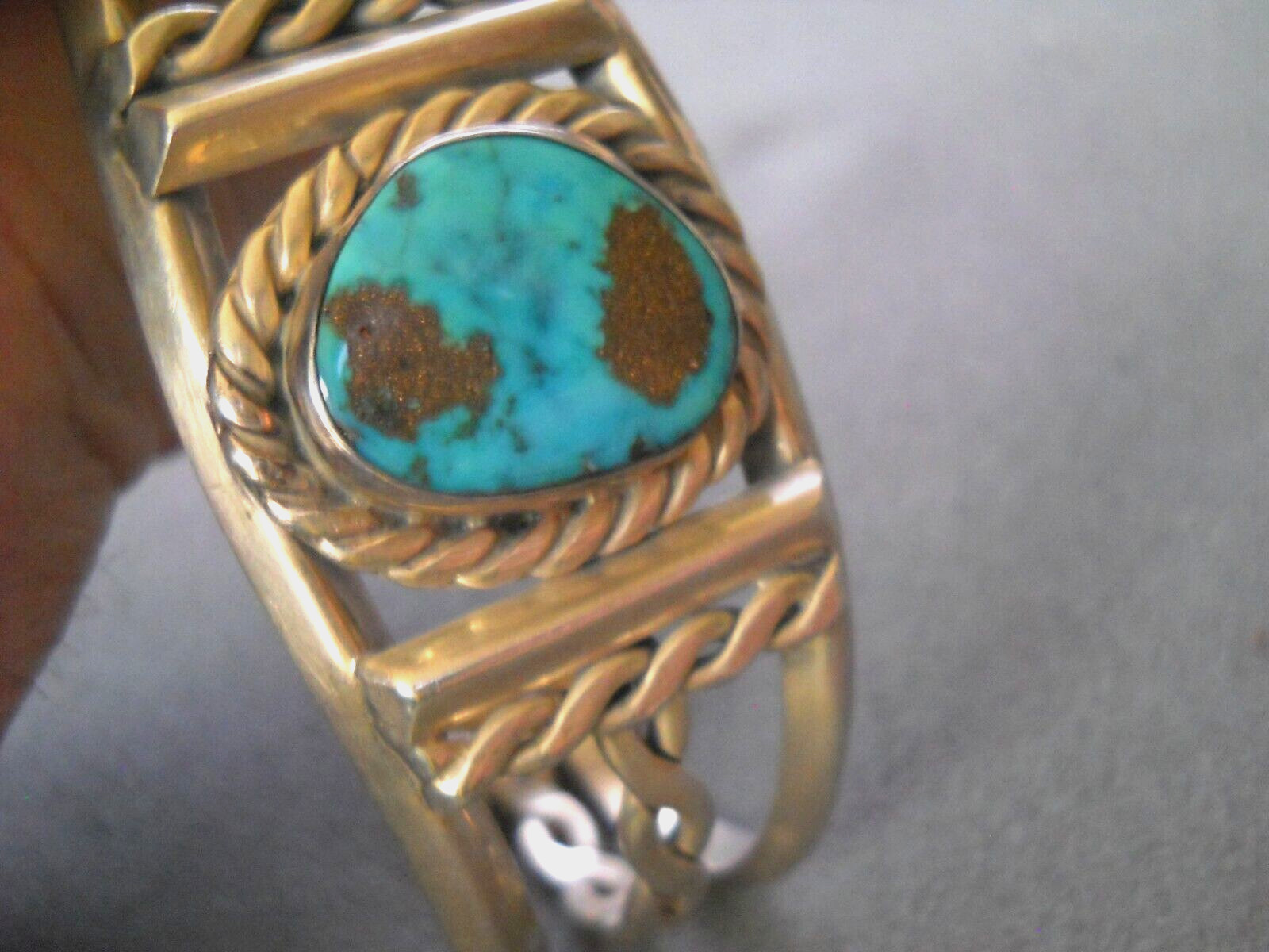 Native American Navajo Rich Blue Turquoise Sterling Silver Rope Cuff Bracelet