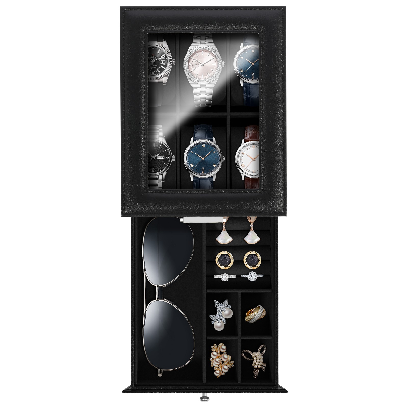 6 Slots Watch Box PU Leather Watch Case Jewelry Storage Glass Lid Display Case