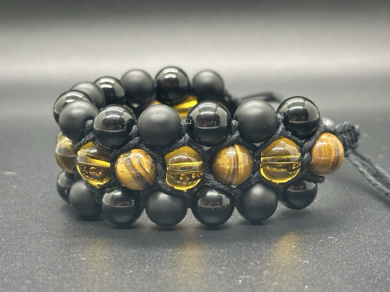 Yellow Tiger Eye Amber & Onyx Triple Mala Bracelet- Handmade Hemp Crystal Beads