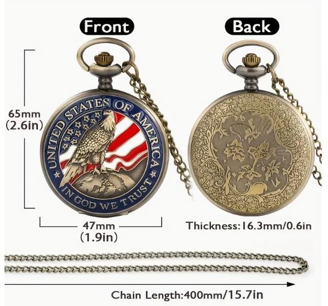 New Bronze Quartz Pocket Watch, Bald Eagle, USA, In God We Trust, Free Shipping