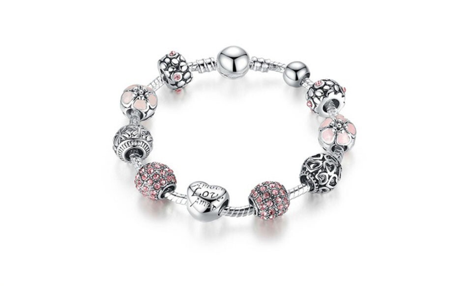 18k White Gold Plated Pink Crystal LOVE Heart Charm Bracelet Made With Swarovski