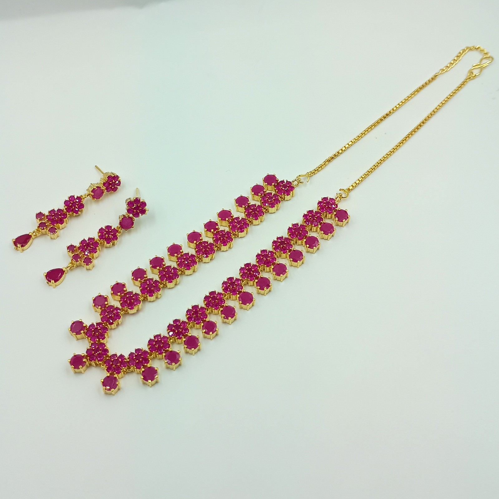 Indian 22k Gold Plated Ruby Floral Statement Necklace Set Wedding Jewelry