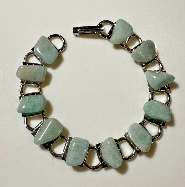 Vintage Silver tone Pebble Genuine Stones Blue Larimar Agate 7″ Bracelet DA5