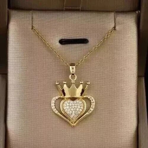Round Cut Simulated Diamond Heart Charm Pendant Chain In 14k Yellow Gold Plated