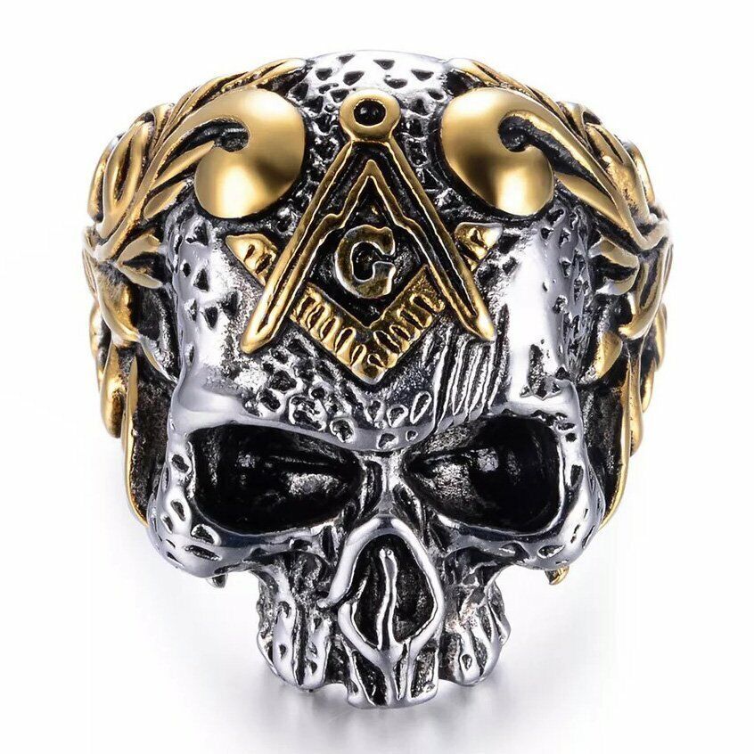 MENDEL Goth Mens Gold Plated Masonic Biker Skull Ring Stainless Steel Size 8-15