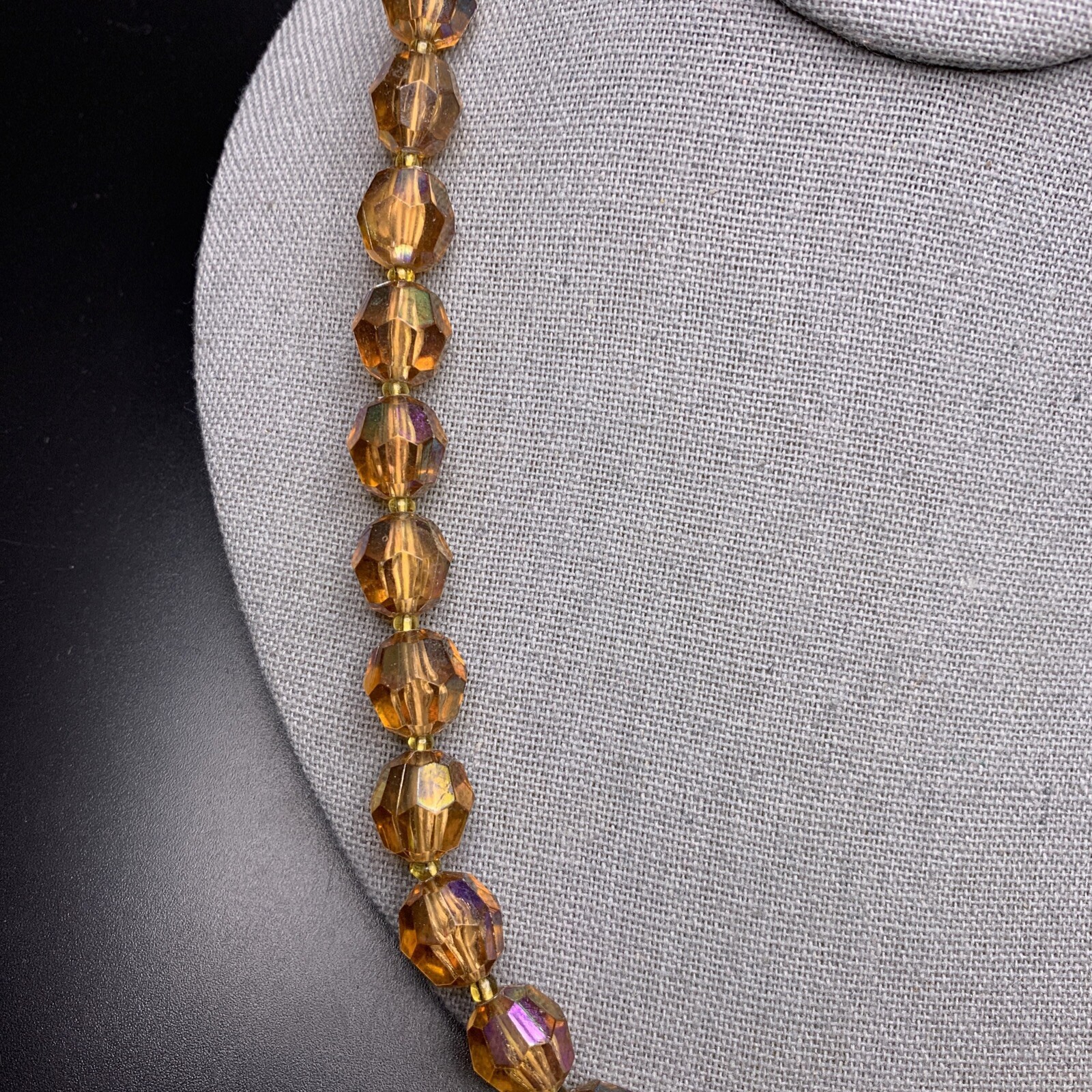 Honey Amber Tone Acrylic Bead Necklace Aurora Borealis AB Coated Beaded Vintage