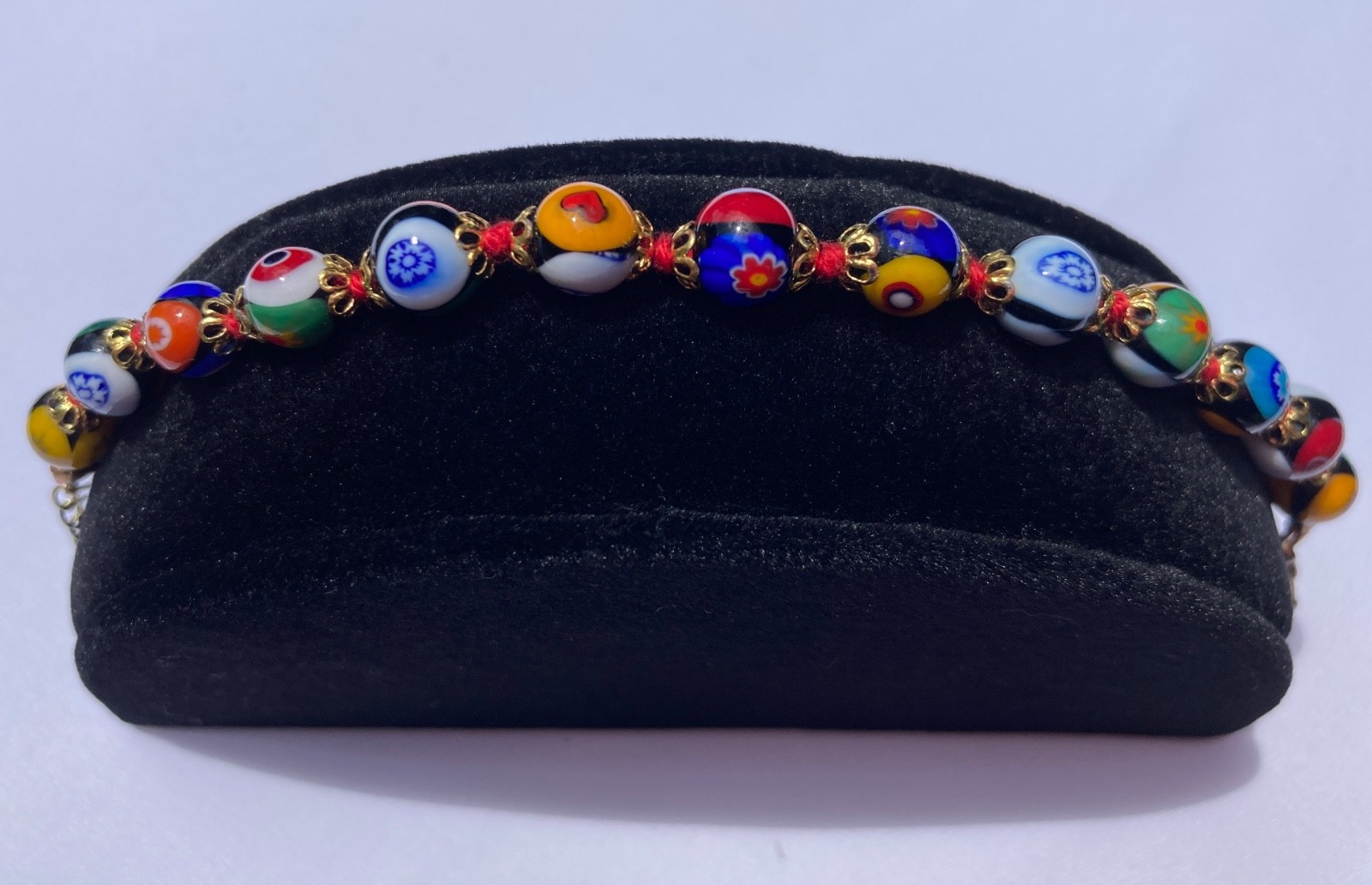 Vintage Murano Style Millefiori Glass Bead Bracelet Italy 7.5″ Hand Knotted