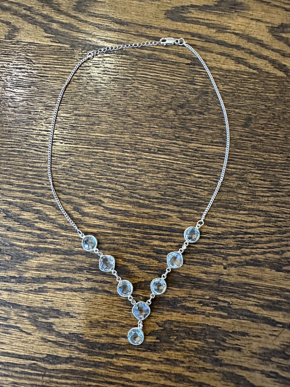 Sterling Silver 8 Faceted Aquamarine Colored Stone Necklace 16 in with 2 in ext