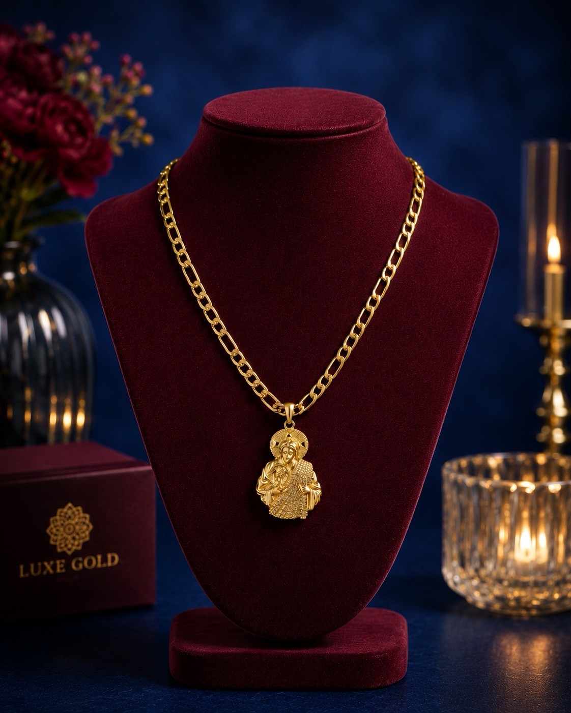 Luxe Gold Yellow Gold Plated Figaro Chain Religious Round Charm 24in