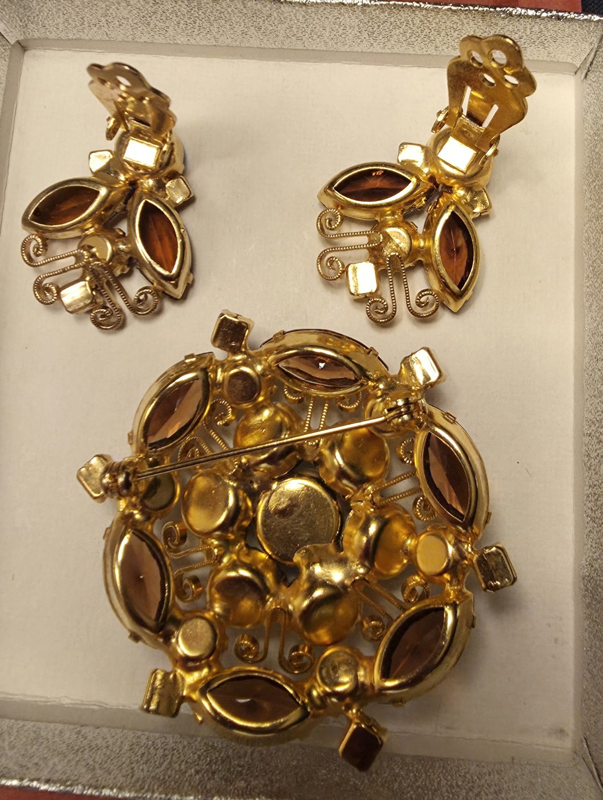Juliana Brooch & Clip-On Earrings Set Green Amber Marquise Rhinestone