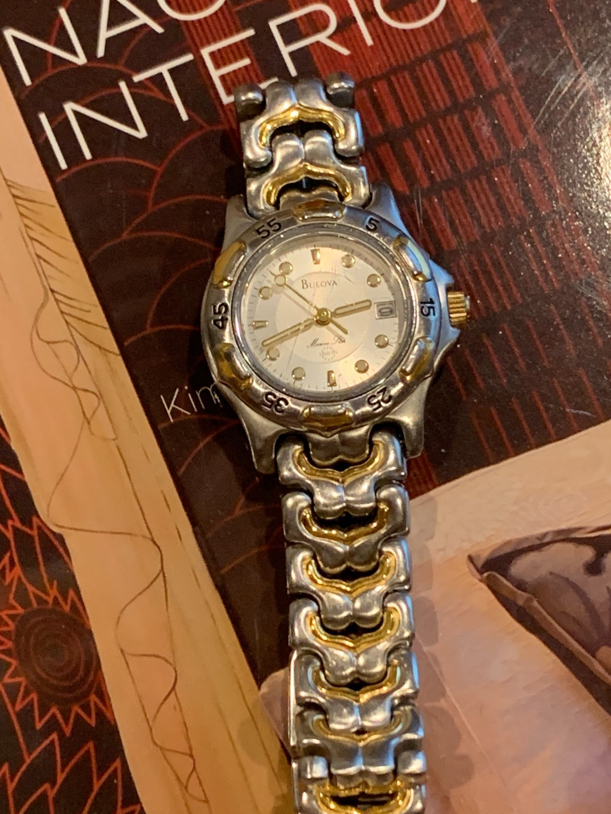 Womens Bulova 28 mm Marine Star Two Tone Quartz Watch, New Battery