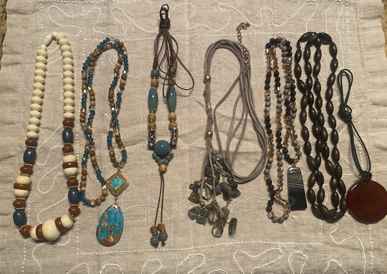 Lot of 7 Fashion Statement Necklaces With Glass Beads, Wood, Ceramic, Leather