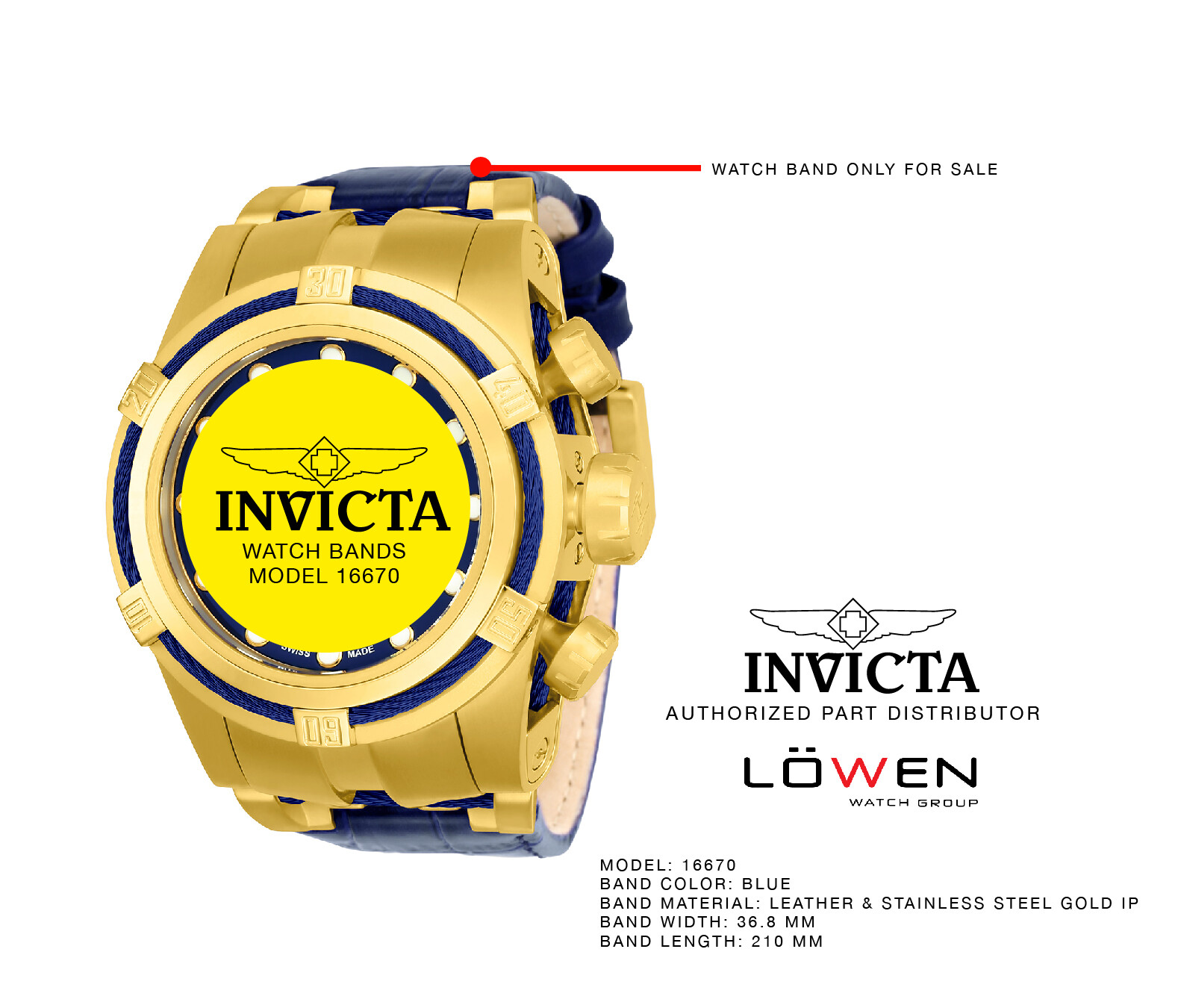 Invicta Bolt Reserve WATCH BAND Model 16670 / Blue & Gold IP / 36.8mm
