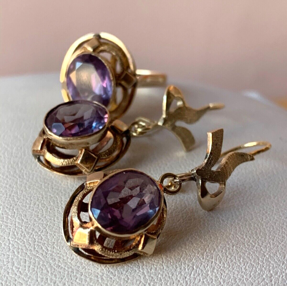 VINTAGE 14K RING & EARRINGS COLOR CHANGE PURPLE SAPPHIRE SET OF 2 CUSTOM MADE