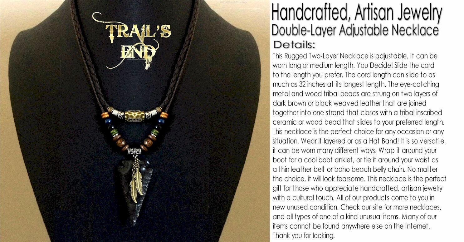 TRIBAL Bronze Feather STONE ARROWHEAD Adjustable 32″ Leather Necklace FREE Ship’
