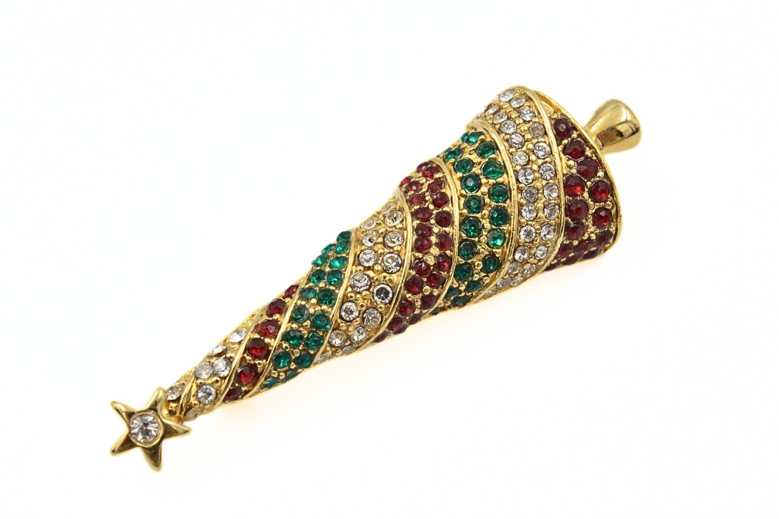 Christmas Holiday Gold Plate Encrusted Red Green Rhinestones Tall Tree Brooch