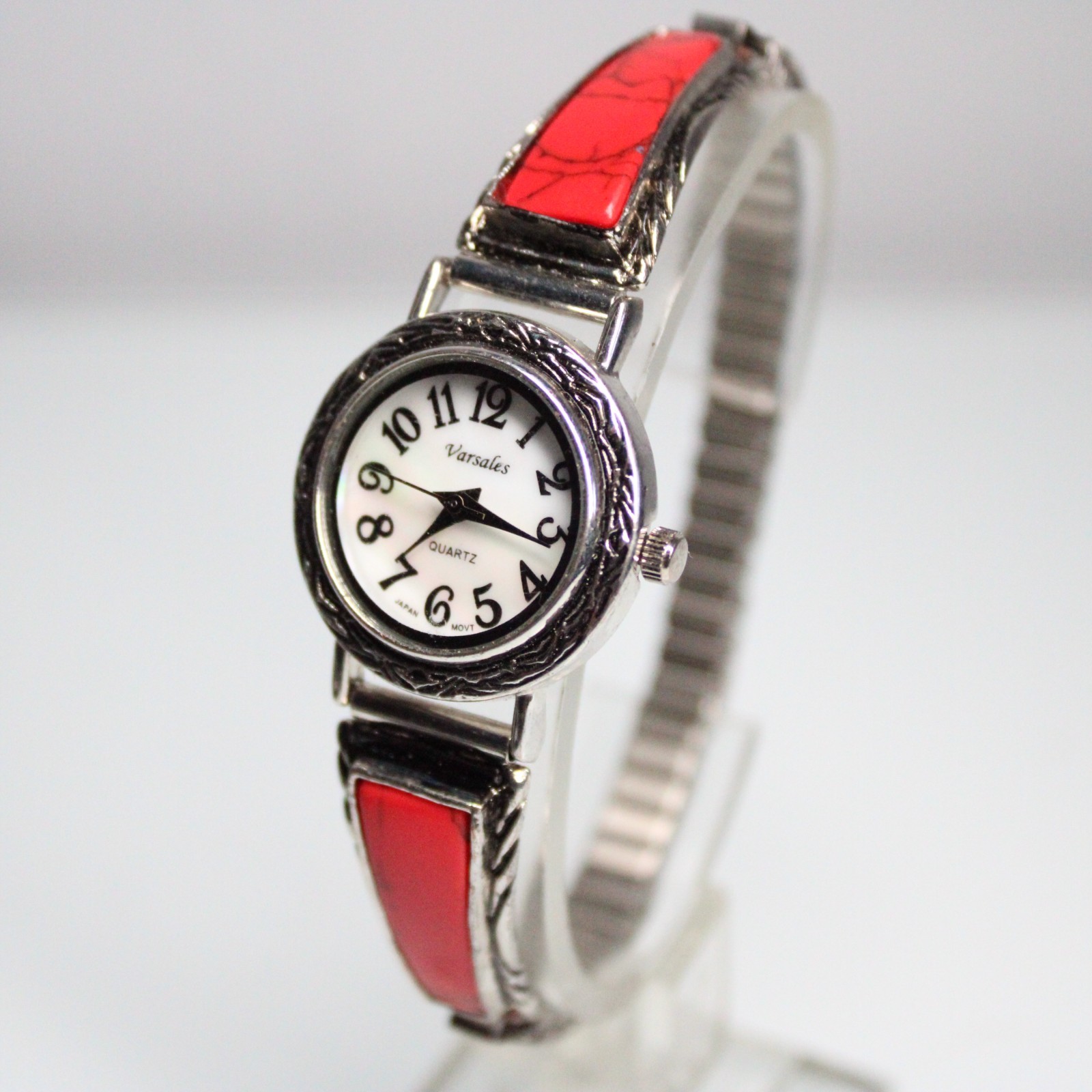 Varsales Women’s Quartz Watch Red Inlay Silver Tone Bracelet Japan Movement