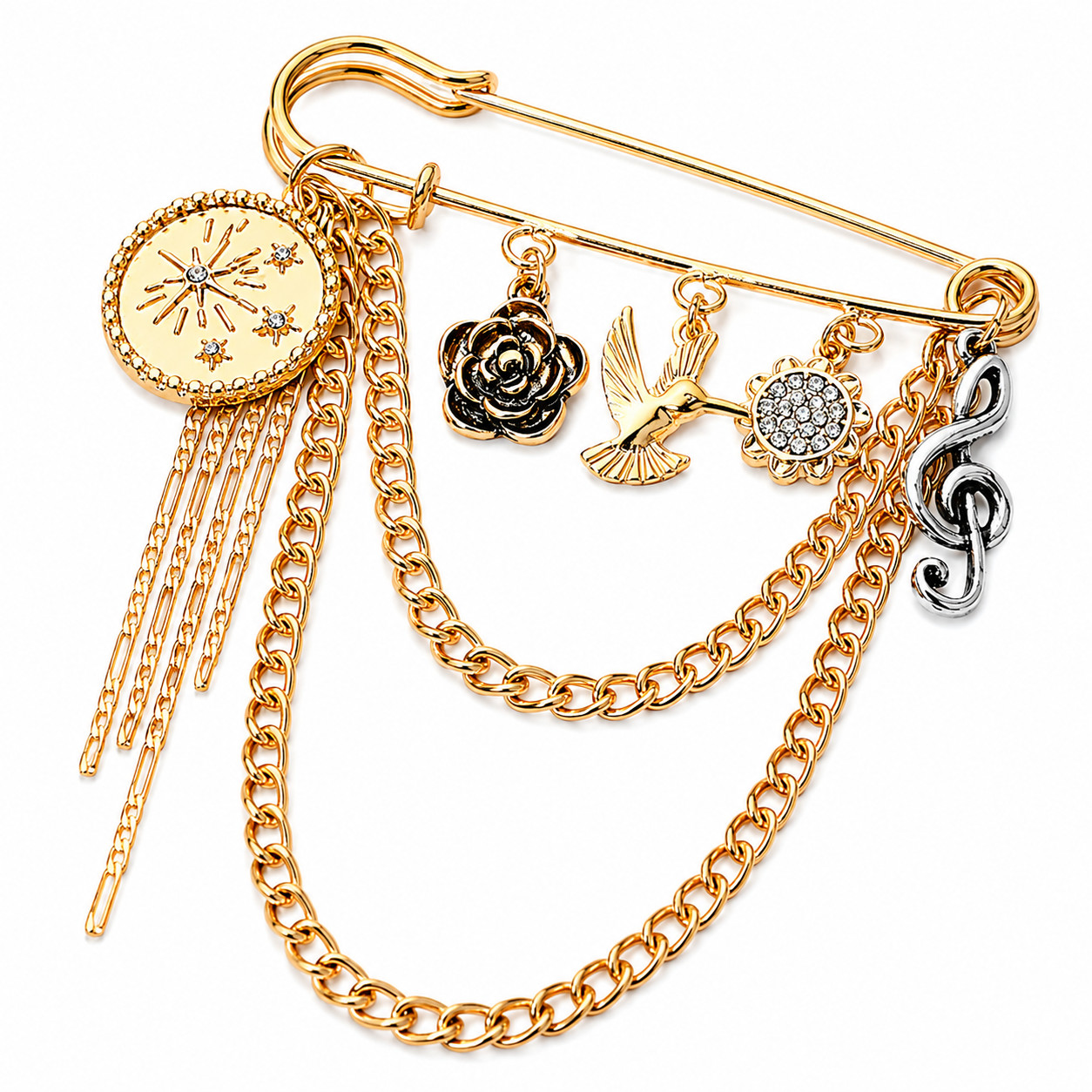 Gold Tone Safety Pin Brooch Bird Flower Music Note Chain Tassel Charm Pin Gift