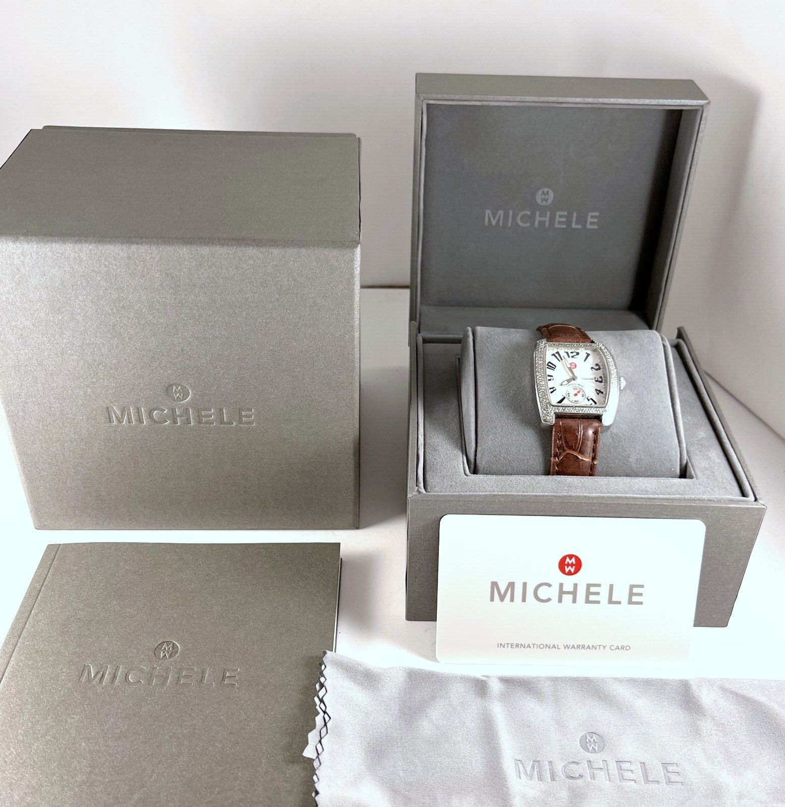 Michele Mini Urban Diamond Watch With Brown Leather Band in Excellent Cond.