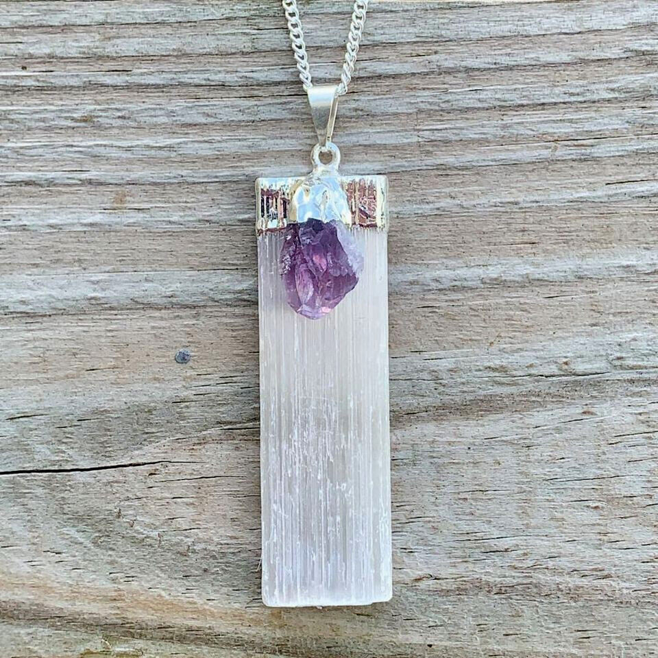 Selenite Amethyst Chakra Crystal Pendant CHARGED 925 Sterling Silver Necklace He