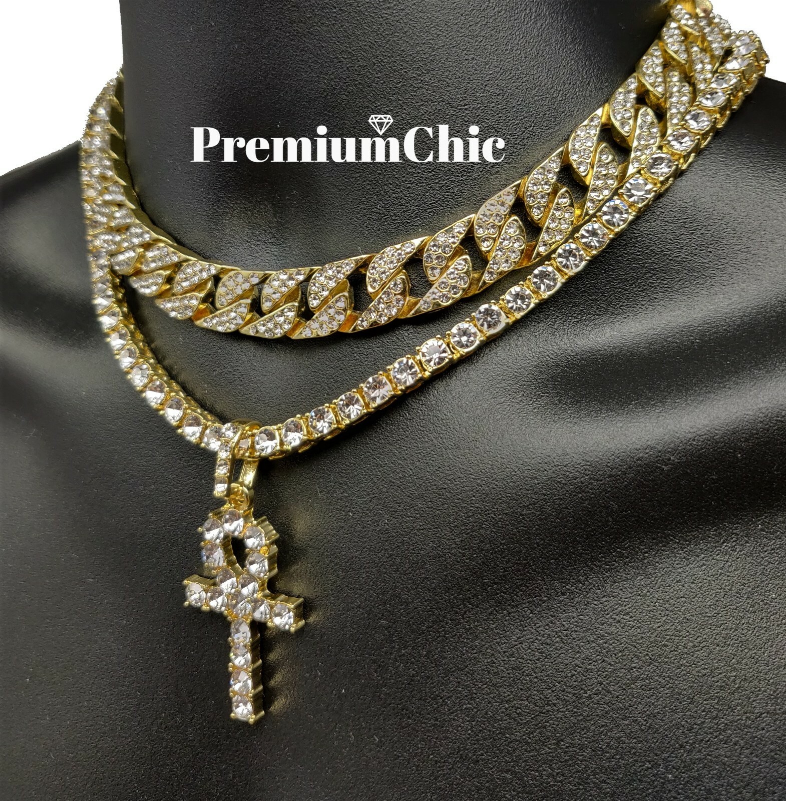 3pc, ANKH Pendant, Tennis Necklace, Miami Cuban Choker Plated CZ Jewelry SET